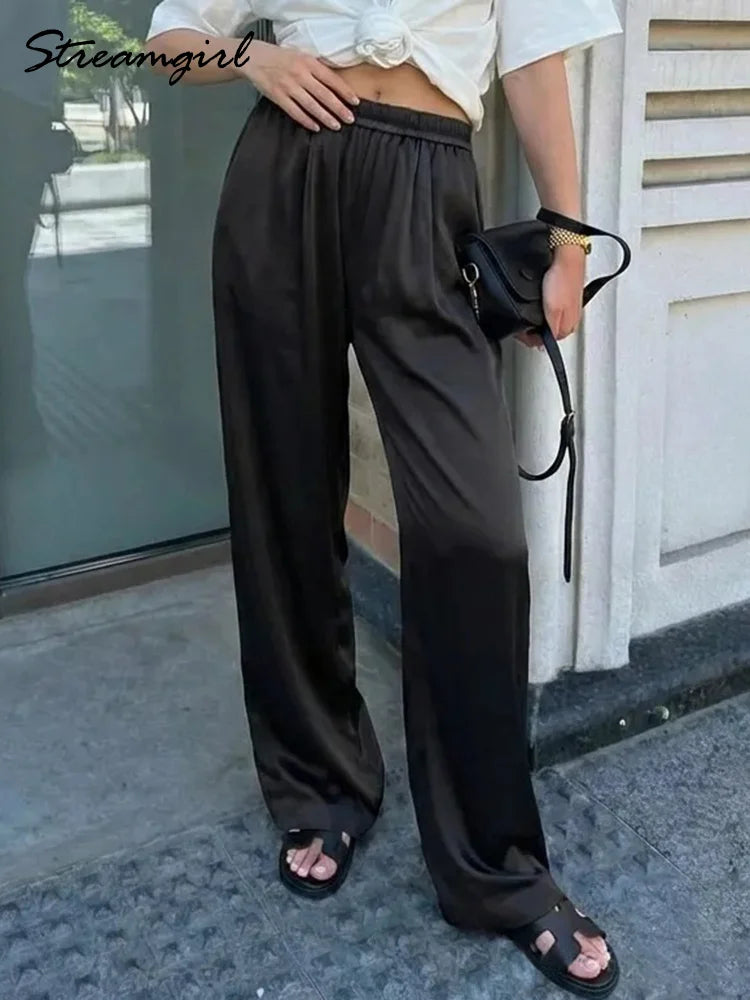 Luxury Wide Leg Satin Pants For Women Trousers With Pockets Black Women's Pants And Trousers Brown High Waist Baggy For Ladies