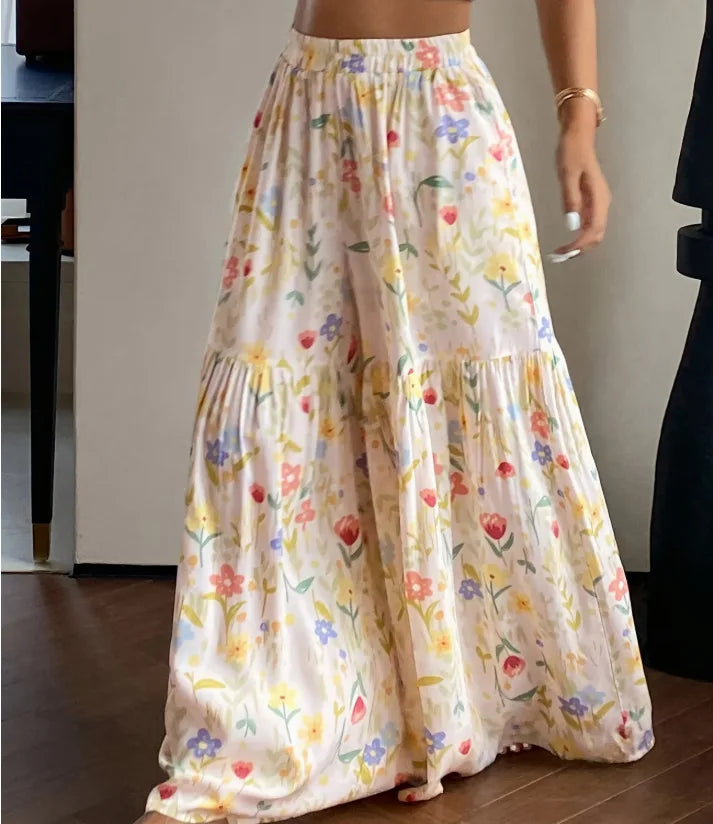 2026 Pastel Floral Print Tiered Wide Leg Pants, Elastic High Waist Loose Flowy Ruffle Palazzo Trousers with Side Pockets