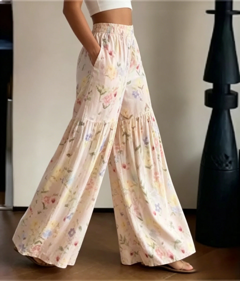 2026 Pastel Floral Print Tiered Wide Leg Pants, Elastic High Waist Loose Flowy Ruffle Palazzo Trousers with Side Pockets