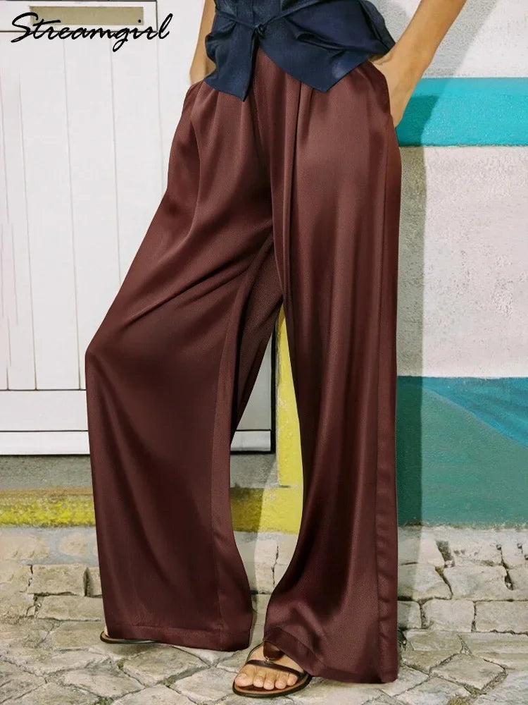 Luxury Wide Leg Satin Pants For Women Trousers With Pockets Black Women's Pants And Trousers Brown High Waist Baggy For Ladies